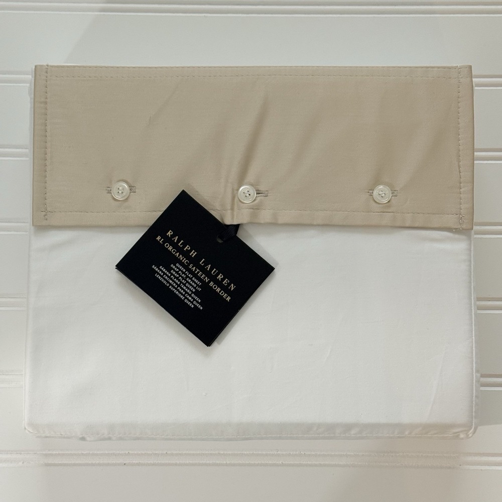 Ralph Lauren RL 624 TC Organic‎ Sateen Border Queen Flat Sheet Coastal Sand NWT
